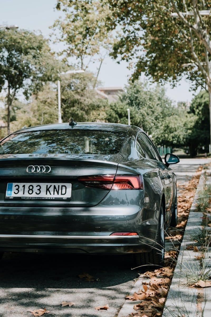 Sleek Audi A6 parked on a tree-lined street in sunny Barcelona, Spain.